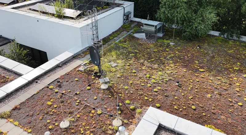 Dach zielony (ekstensywny) z instalacją antenową — inspekcja z drona